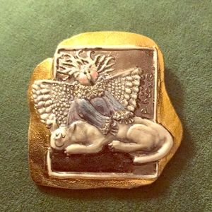 P.Heck hand crafted vintage brooch. Angel & Cat